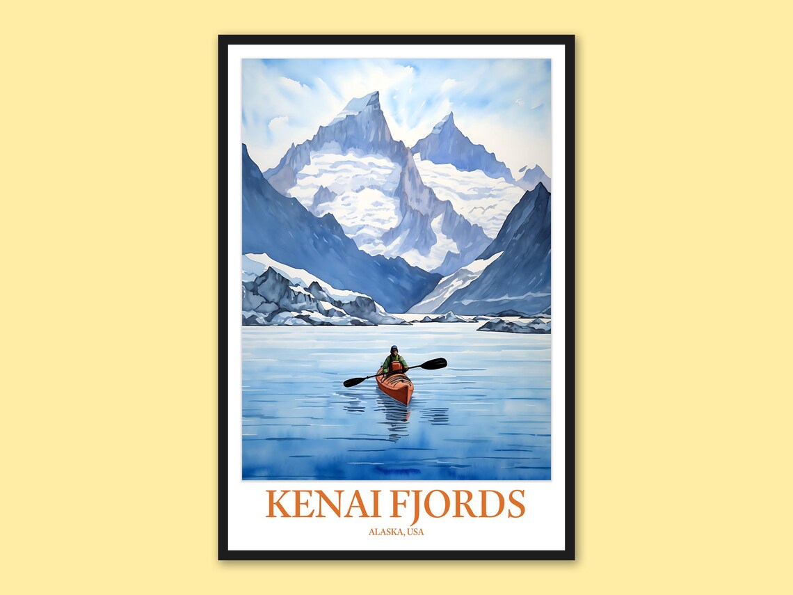 Kenai Fjords Alaska Single Kayak Mountain Lake Travel Poster