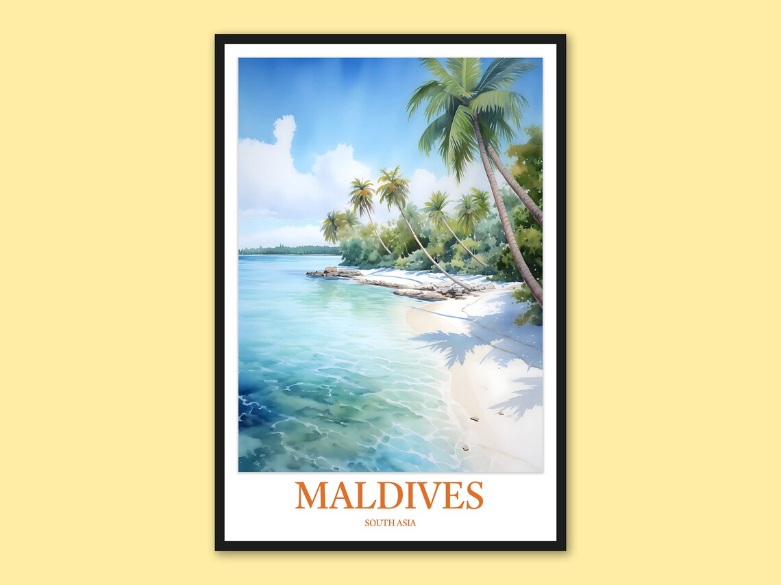 Maldives Leaning Palms Lagoon White Sand Beach Watercolor Poster