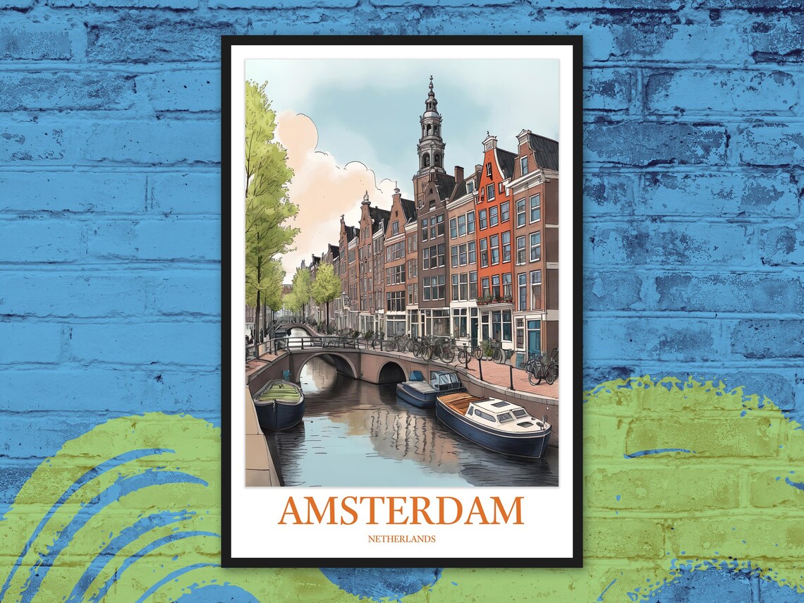 Amsterdam Canal Watercolor with Arched Bridge and Boats Travel Poster