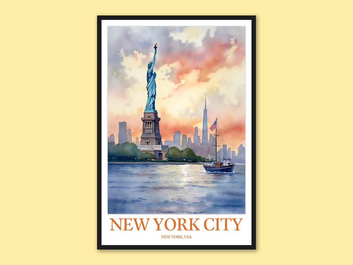 Statue of Liberty New York City Sunset Skyline Watercolor Poster