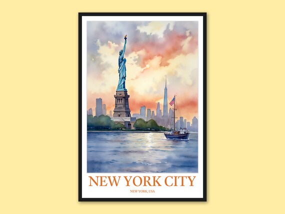 Statue of Liberty New York City Sunset Skyline Watercolor Poster