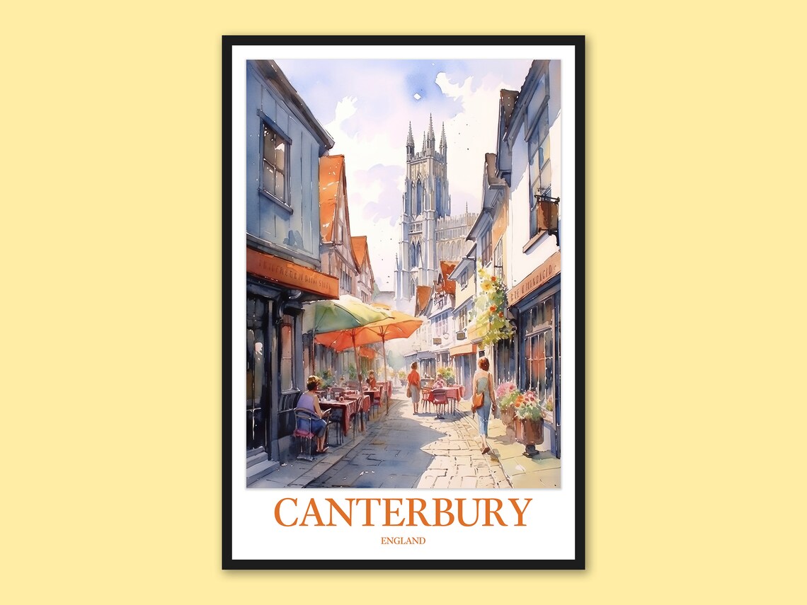 Canterbury England Historic Street Cathedral Watercolor Poster