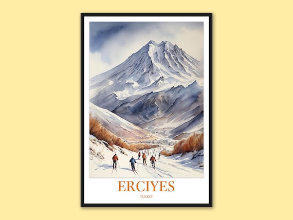 Erciyes Turkey Snowy Peak Ski Slope Winter Watercolor Travel Poster
