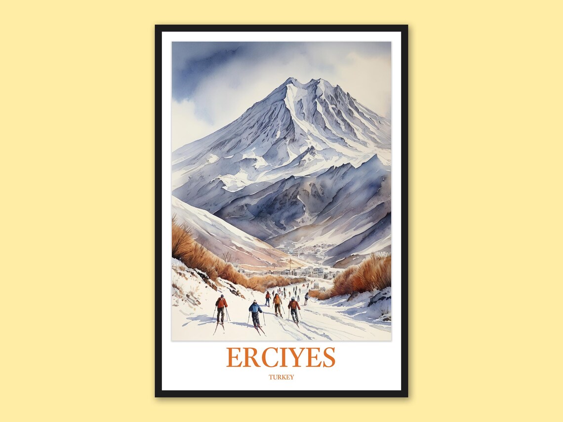Erciyes Turkey Snowy Peak Ski Slope Winter Watercolor Travel Poster