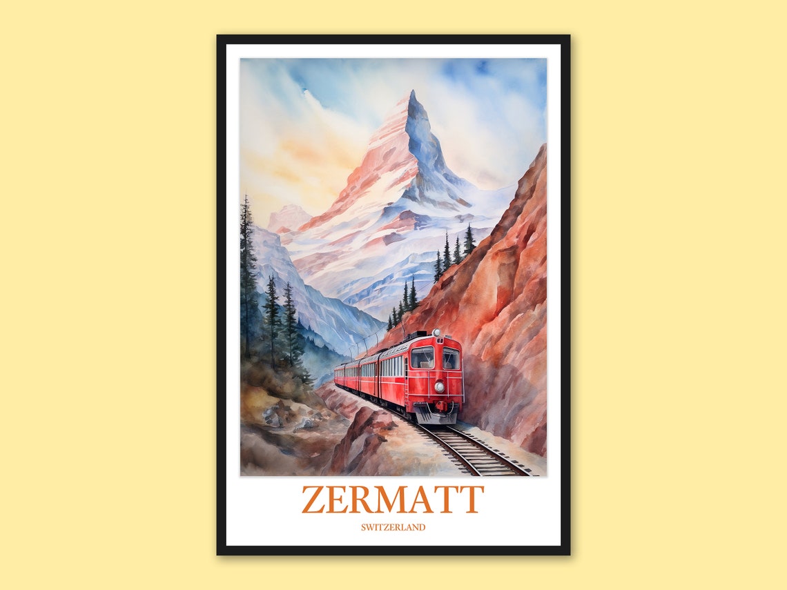 Zermatt Red Train Under Rocky Cliff Matterhorn Watercolor Poster