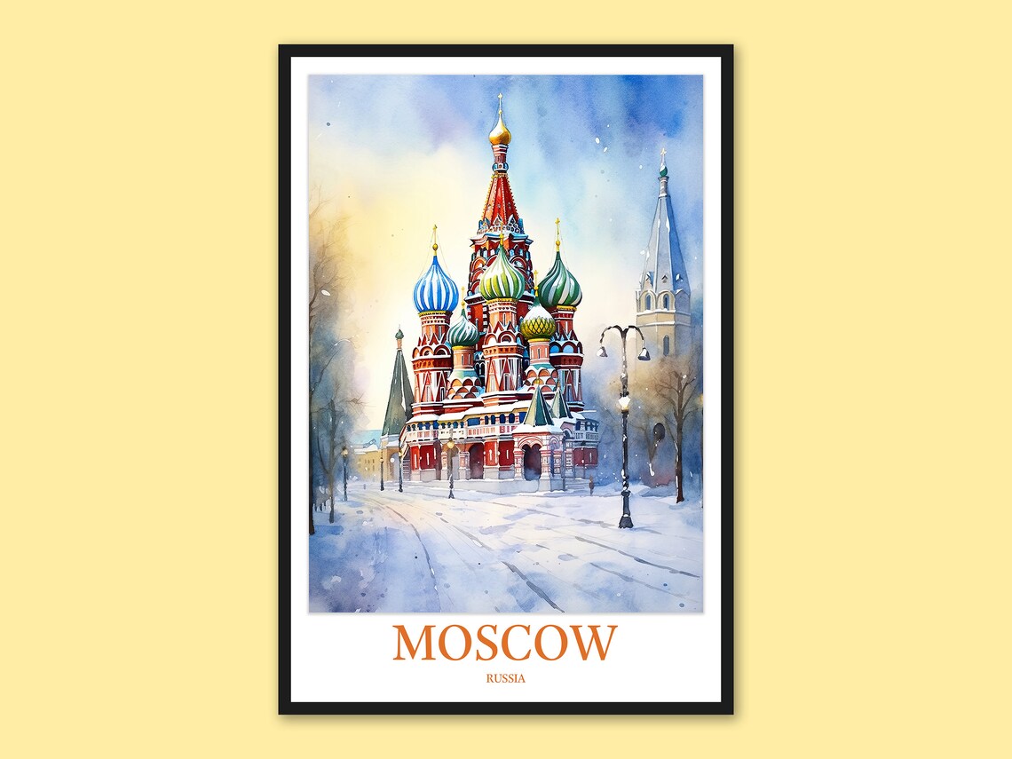 Moscow Saint Basil's Red Square Snow Watercolor Travel Poster