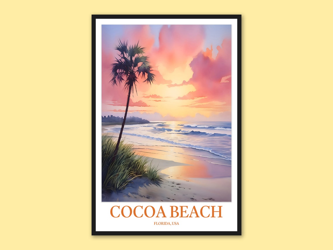 Cocoa Beach Florida Lone Palm Tree Sunset Watercolor Beach Poster