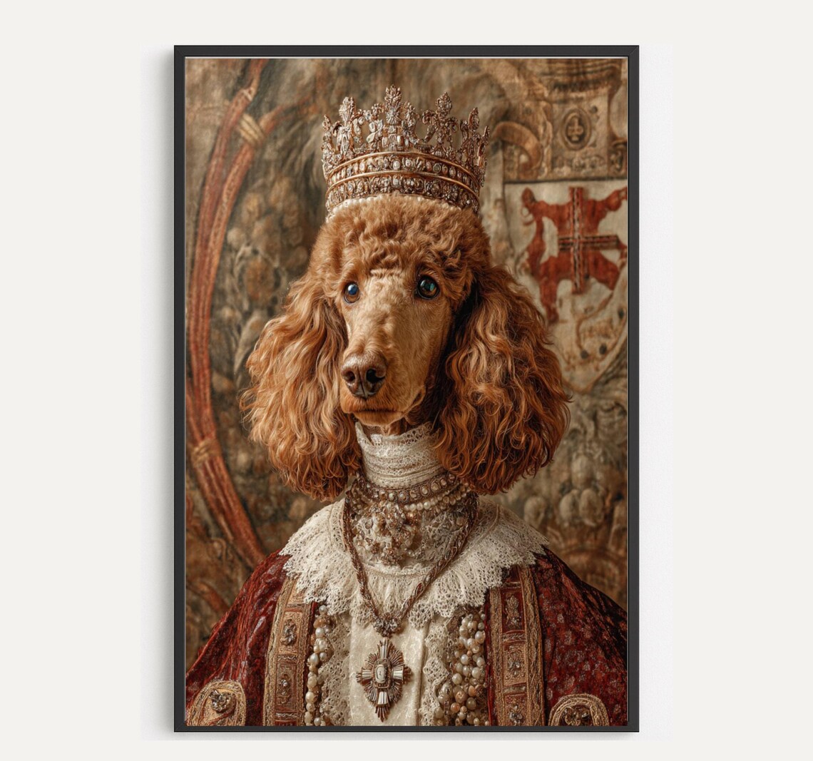 Poodle Queen Royal Dog Portrait Jeweled Crown Lace Pearls Regal Pet Poster
