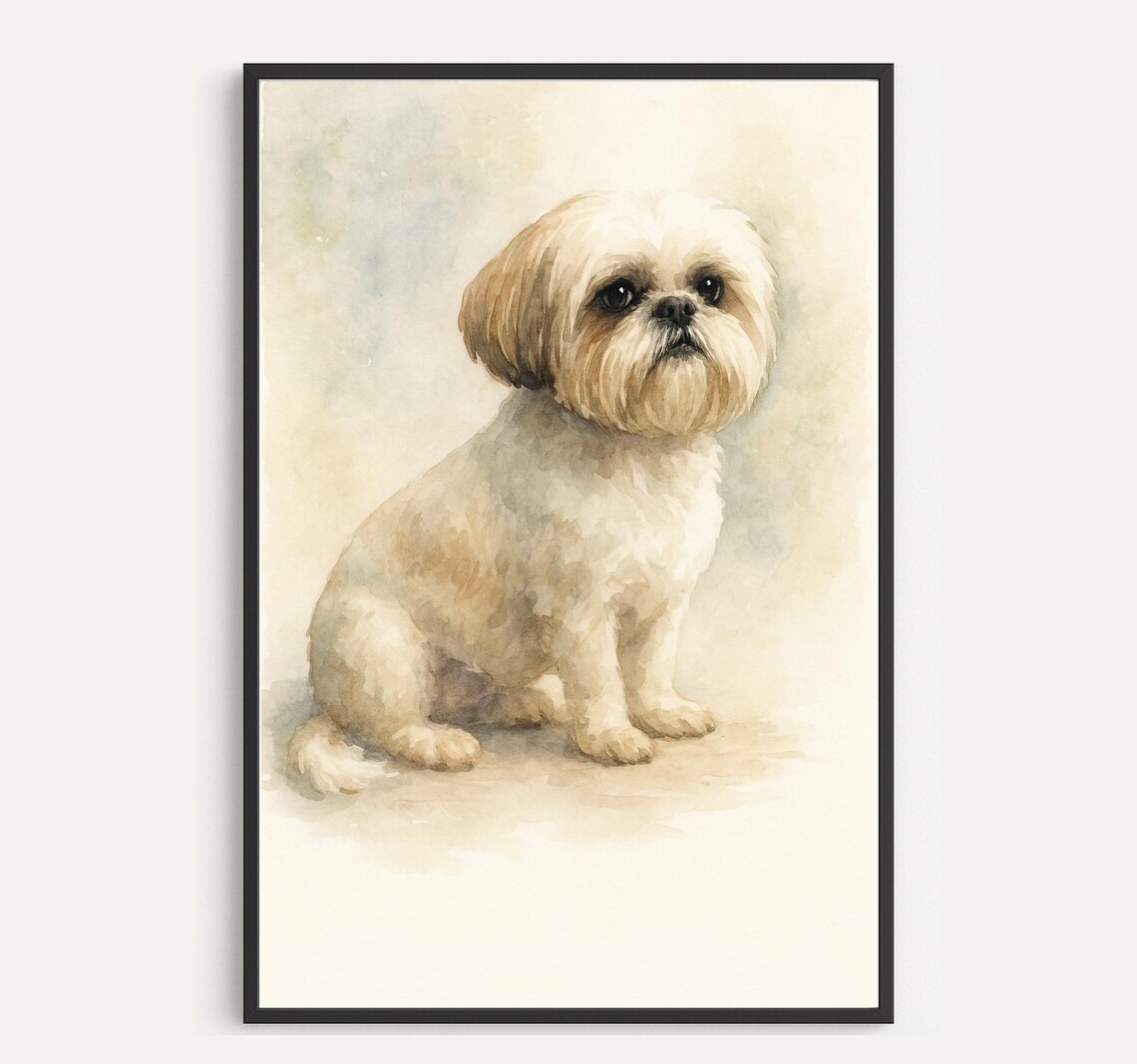 Shih Tzu Puppy Watercolor Portrait Cream Fluffy Puppy Dog Poster