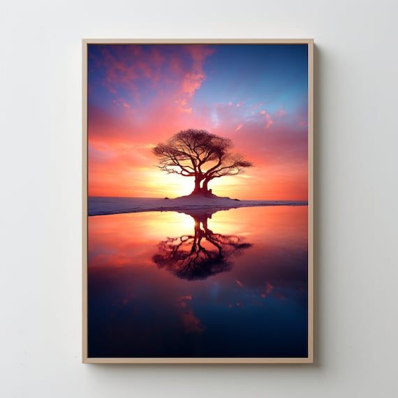Lone Tree Sunset Island Mirror Reflection Dramatic Sky Art Poster