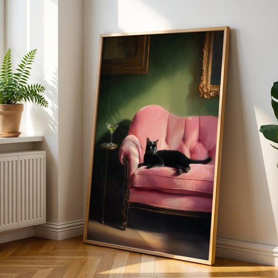 Black Cat Art Print Funny Cocktail Lounge Wall Decor