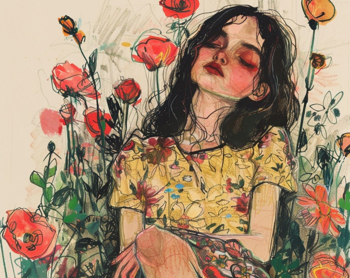 Warmth Of The Sun Secret Garden Series Print Whimsical Portrait Art Fashion Sketch Flower Lady Botanical Portrait Art