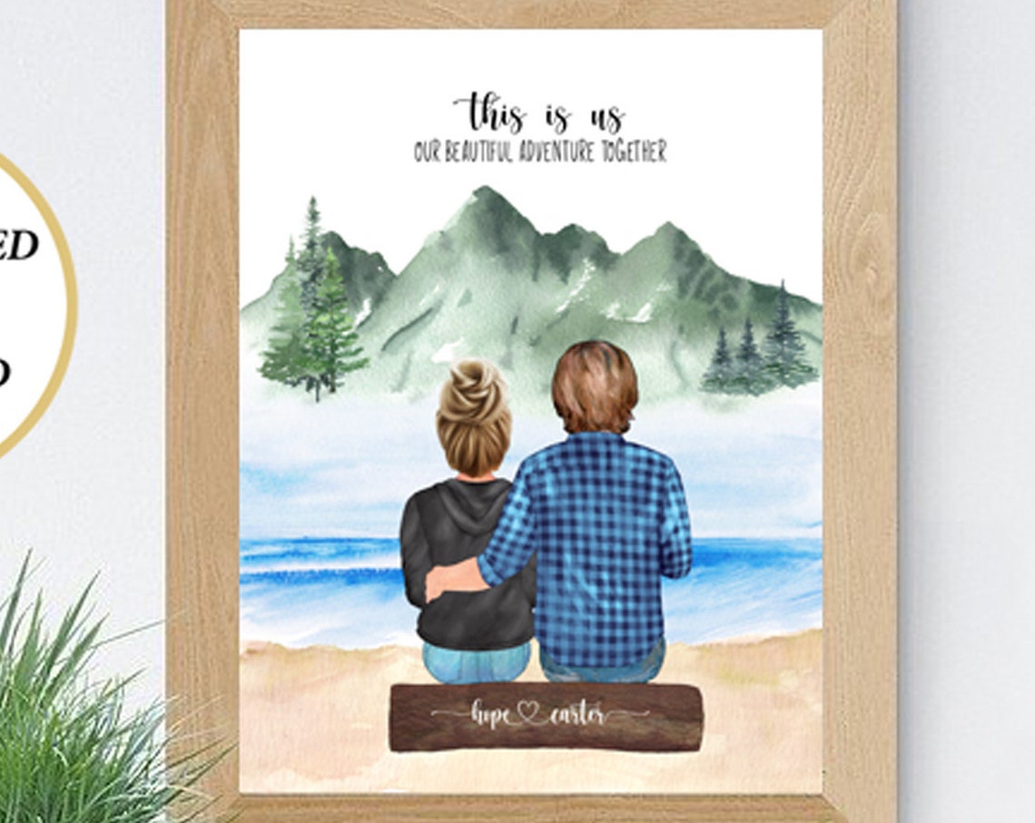 Custom Couple Mountain Lake Adventure Portrait Keepsake Poster