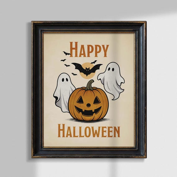 Happy Halloween Wall Art Cute Pumpkin And Bats Print Decorations Party Decor Fall
