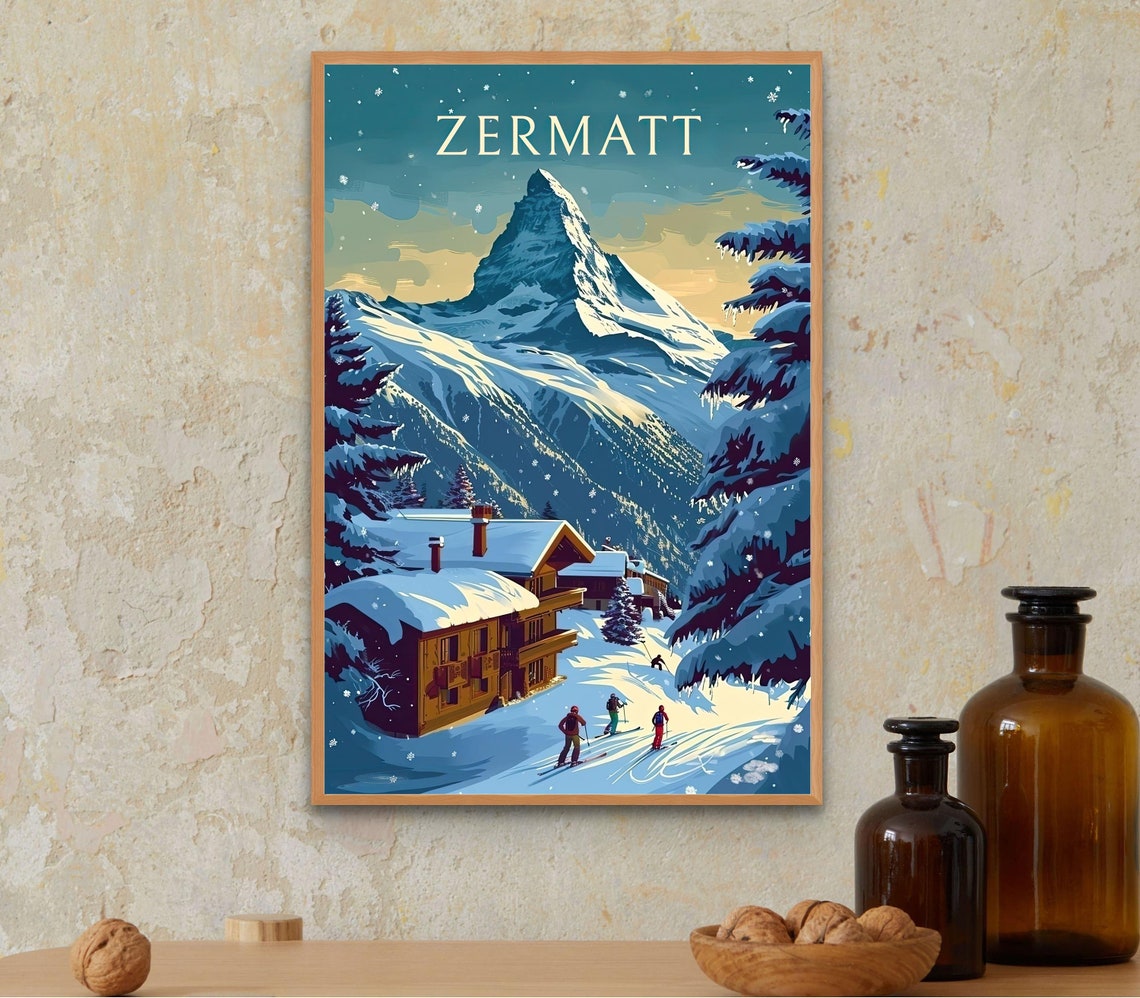 Vintage Ski Poster Of Zermatt Retro Travel Wall Art Swiss Ski Decor Mountain Print Zermatt Skiing Art Swiss Alps Poster - Image 3