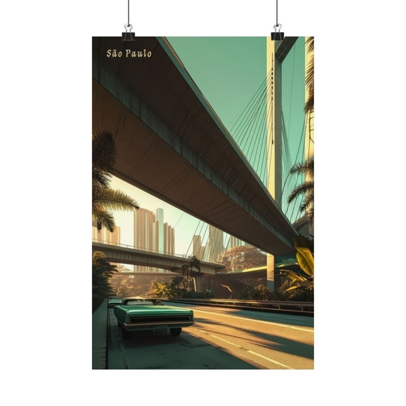 Retro Travel Poster So Paulo 1970s Vibrant City Scene With Green Car Modernist Architecture And Octavio Frias De Oliveira Bridge