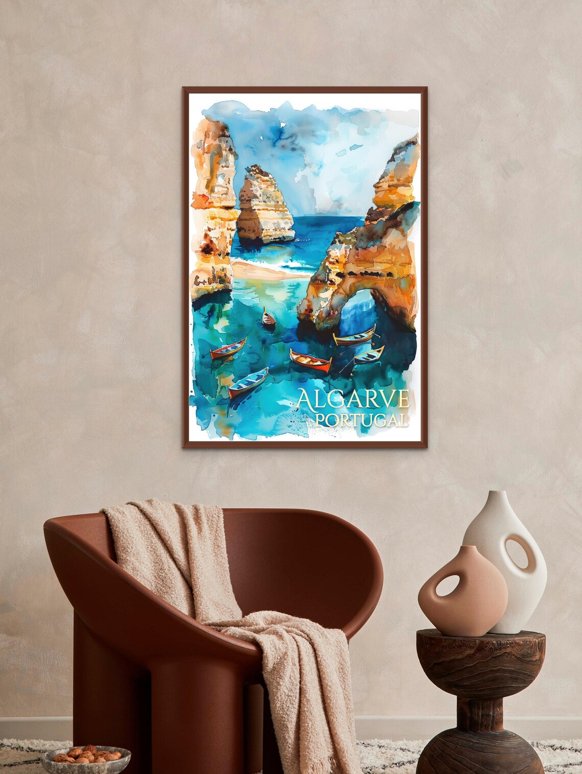 Algarve Coastline Art Print Colorful Seaside And Fishing Boats Portuguese Beach Decor Vibrant Watercolor Landscape - Image 2