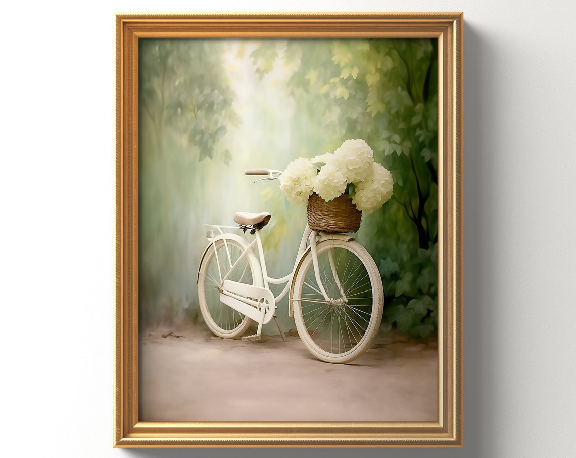 Vintage White Bicycle With Hydrangea Basket Dreamy Garden Poster