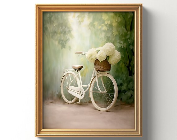 Vintage White Bicycle With Hydrangea Basket Dreamy Garden Poster