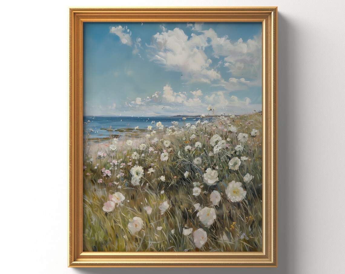 White Wildflowers By The Sea Breezy Coastal Meadow Art Poster