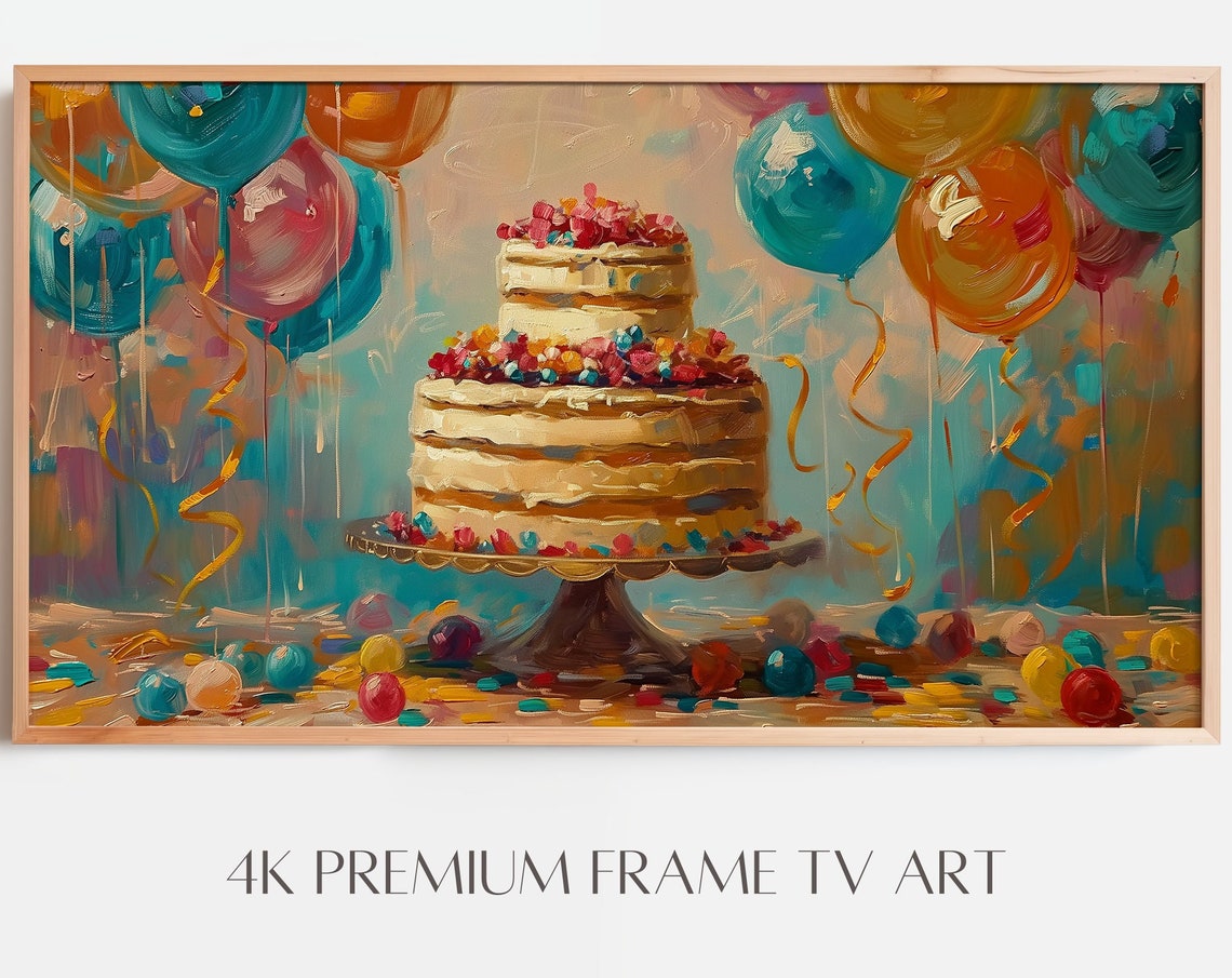 Colorful Birthday Cake With Balloons Festive Painting Poster