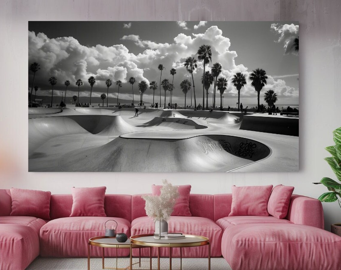 Venice Beach Skatepark Black White Palms Dramatic Clouds Poster