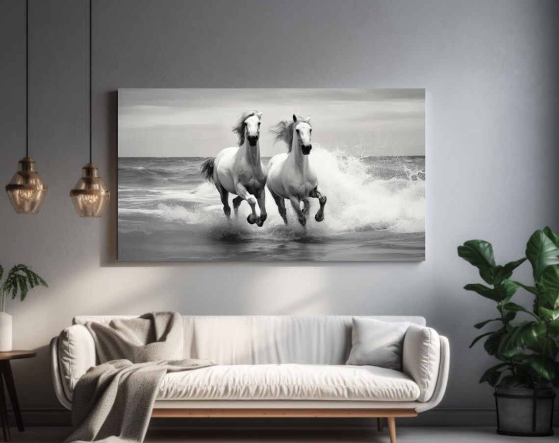 White Horses Galloping In The Sea Black And White Ocean Wall Art