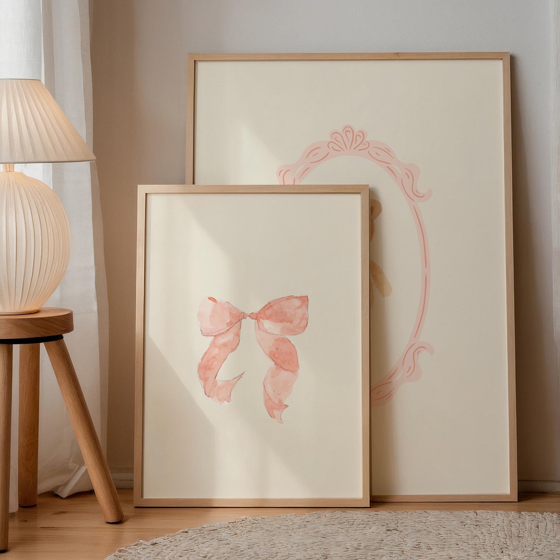 Peach Pink Watercolor Bow Minimalist Nursery Wall Art Print Decor