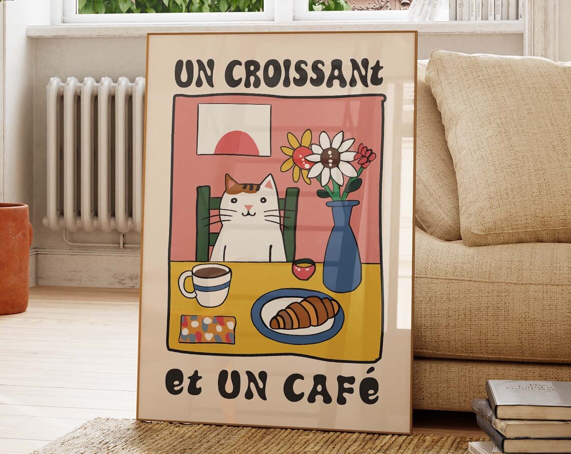Cat With Croissant and Coffee French Cafe Kitchen Art Poster