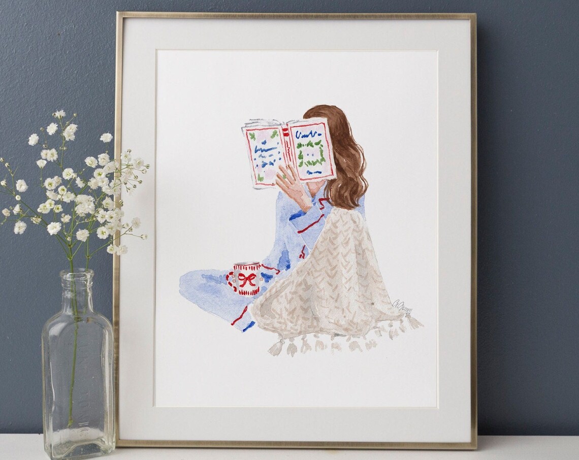 Book Lover Girl in Pajamas Reading with Blanket and Red Mug Poster