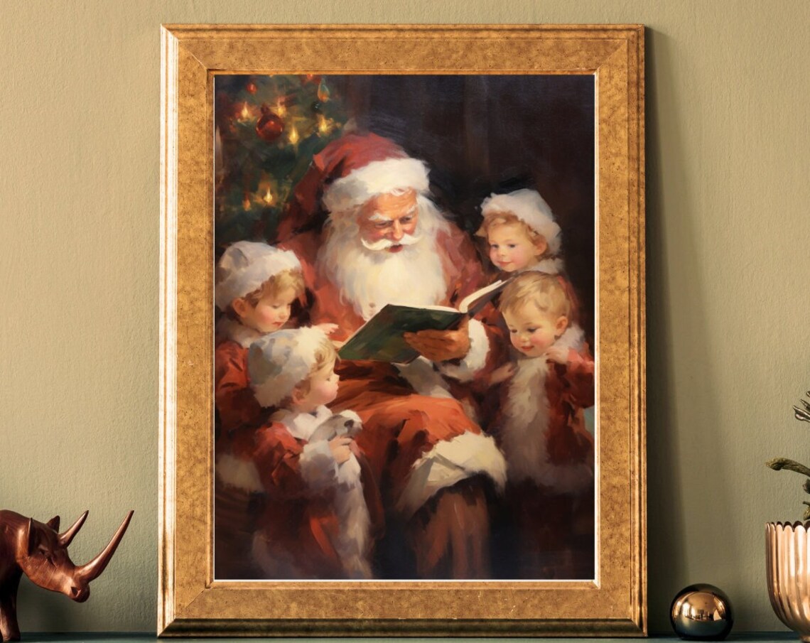 Santa Claus Reading To Children Vintage Christmas Painting Poster