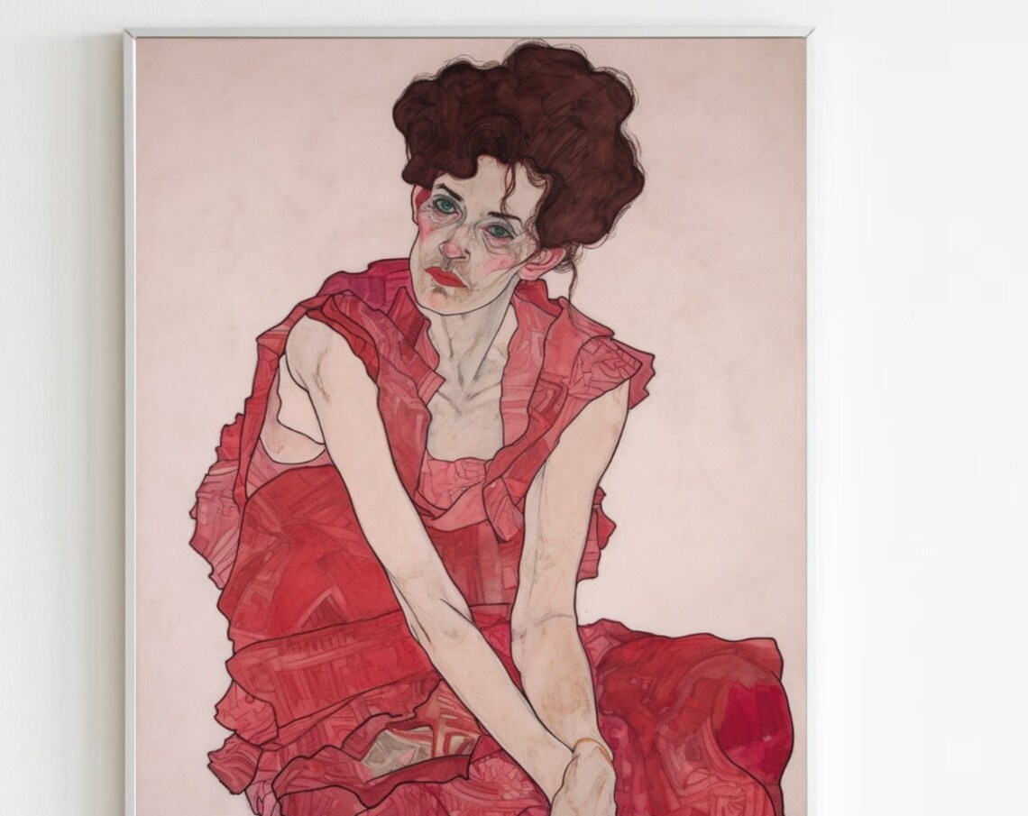 Egon Schiele Inspired Seated Woman Red Dress Expressionist Art Poster - Image 4