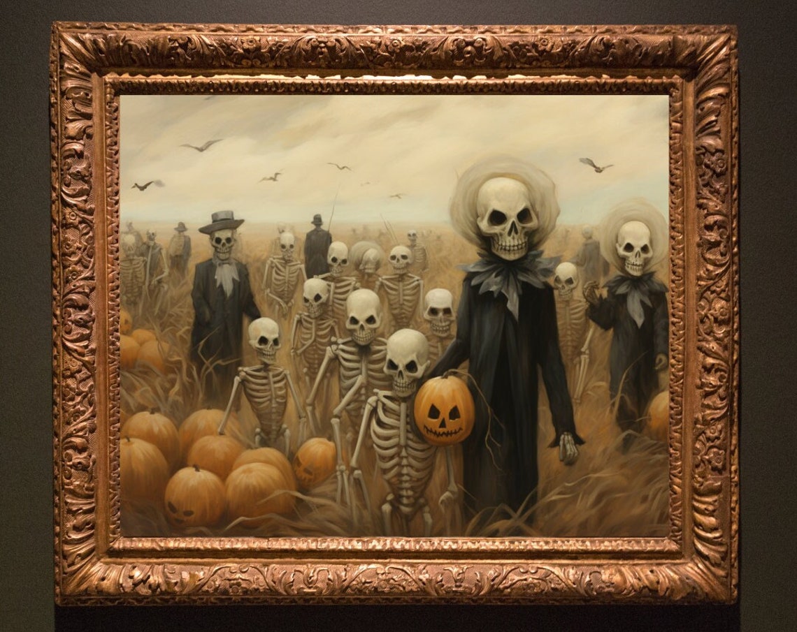 Vintage Skeleton Trick Or Treat Pumpkin Patch Halloween Night Poster