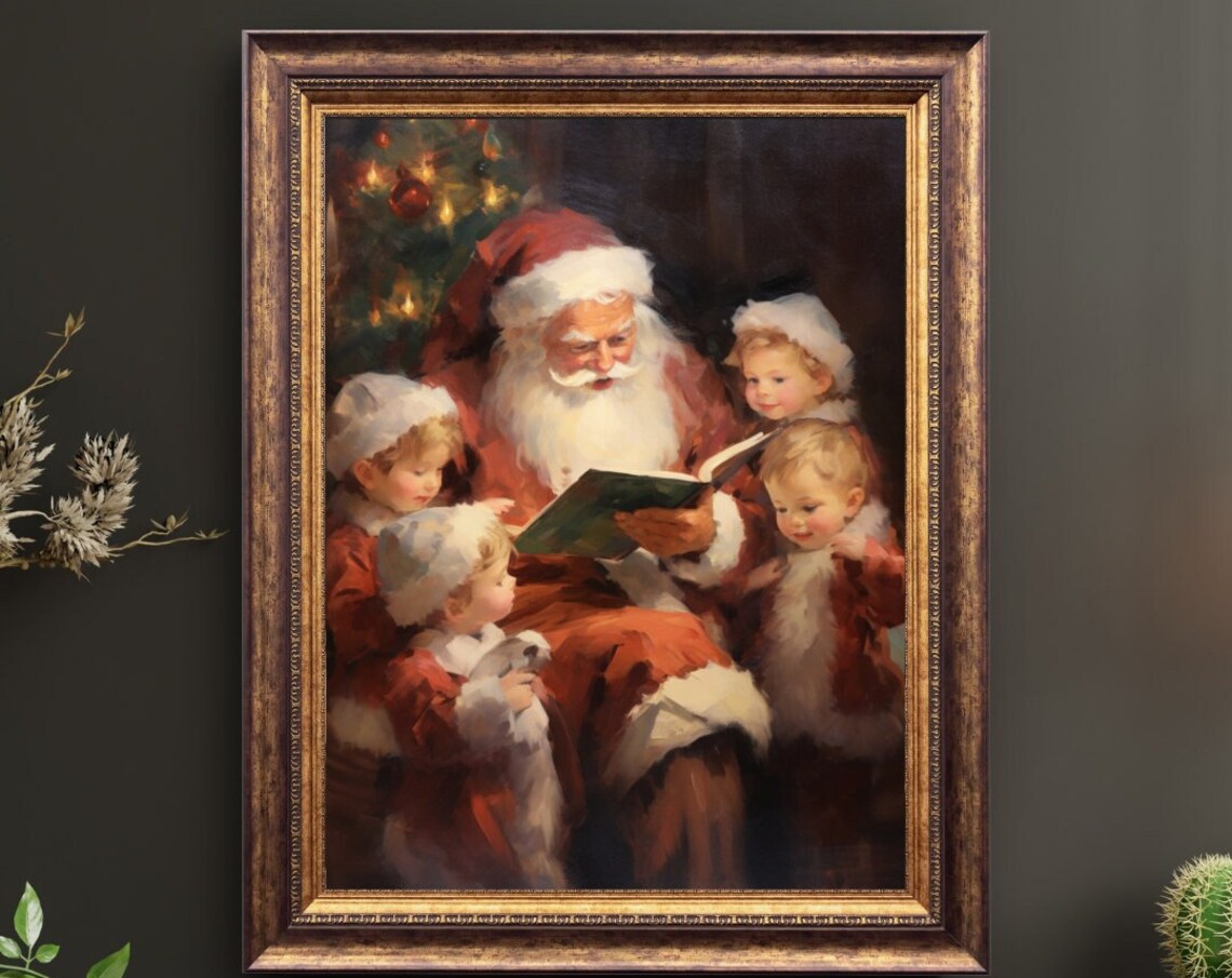 Santa Claus Reading To Children Vintage Christmas Painting Poster - Image 3