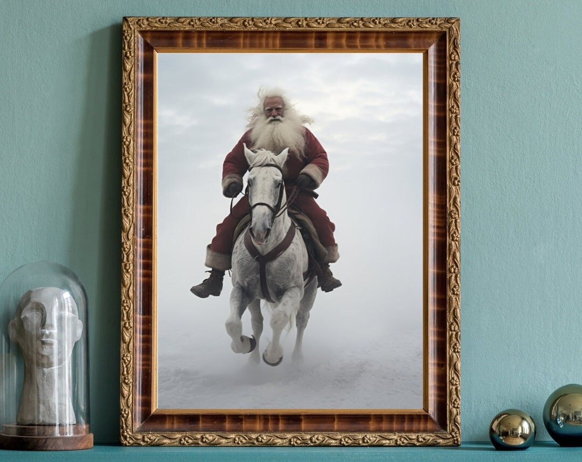 Santa Claus Riding White Horse Snow Dramatic Christmas Art Print