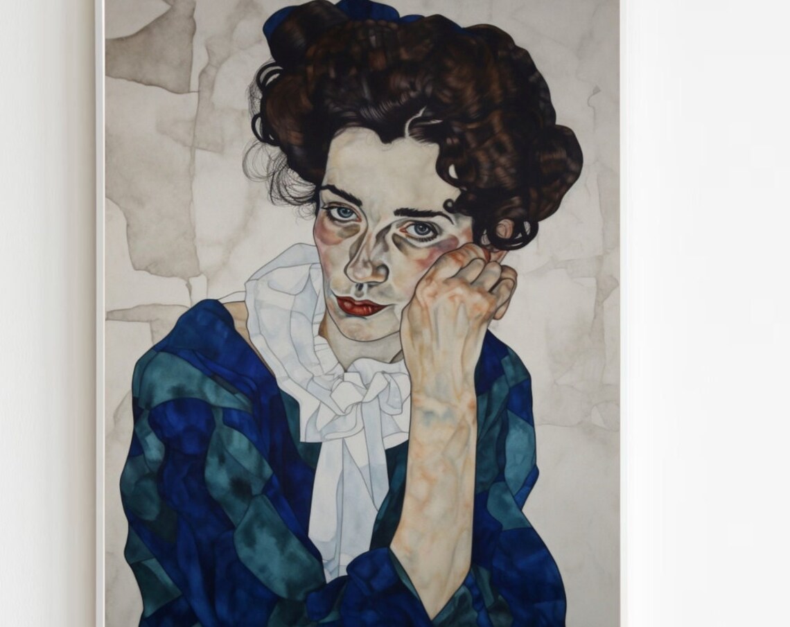 Egon Schiele Inspired Portrait Woman In Blue Dress Expressionist Poster - Image 4