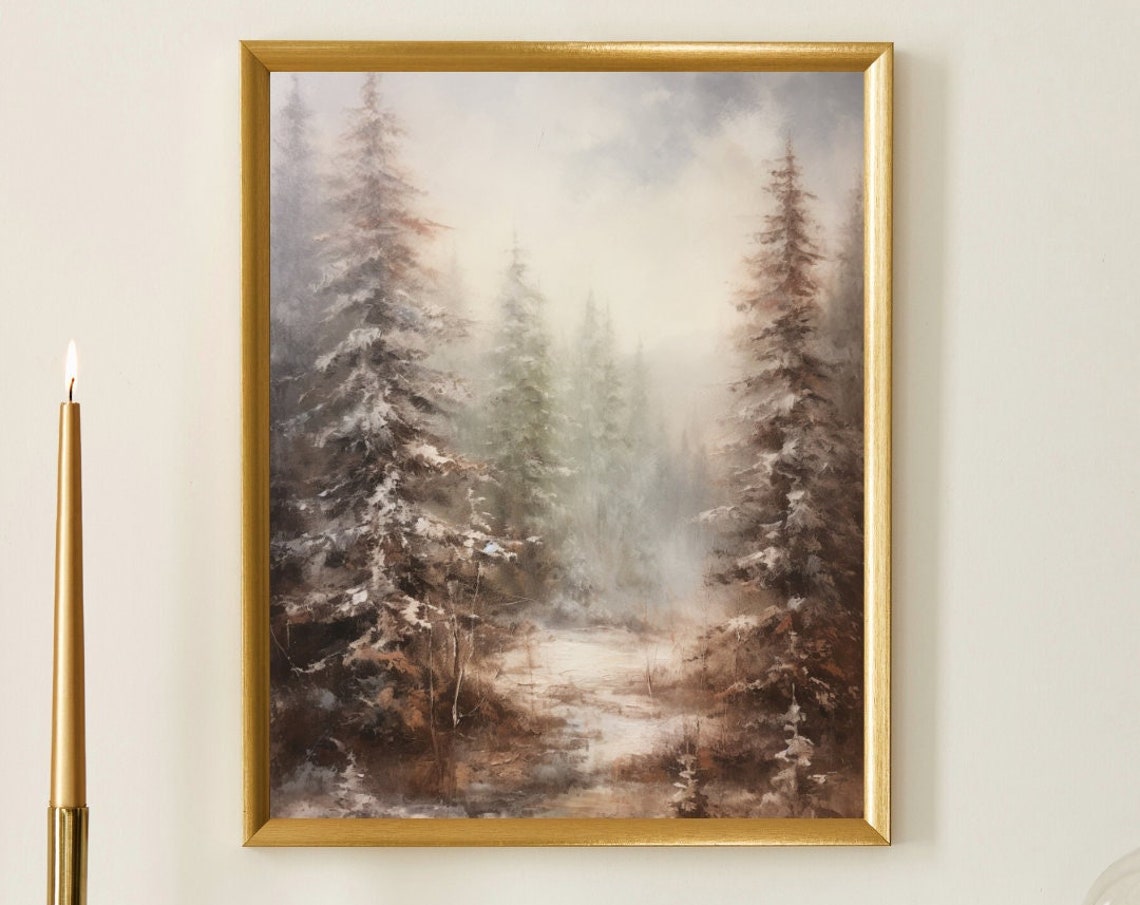 Oil Painting Of Winterforest Impressionistic Vintage Painting Vintage Print Winter Art Holiday Decor Moody Holiday Art