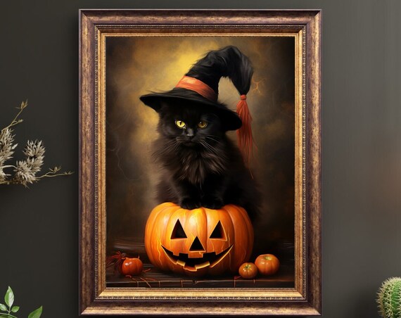 Halloween Wall Art Cute Black Cat Halloween Witchy Print Vintage Neutral Halloween Wall Decor Wiccan Animal Print A1