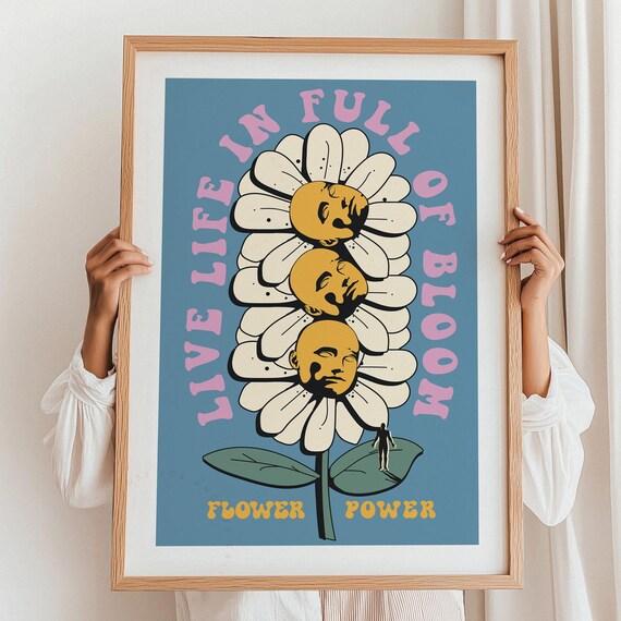Live Life in Full of Bloom Daisy Blue Retro Flower Power Style Poster