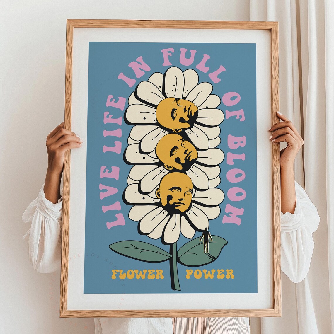 Live Life in Full of Bloom Daisy Blue Retro Flower Power Style Poster