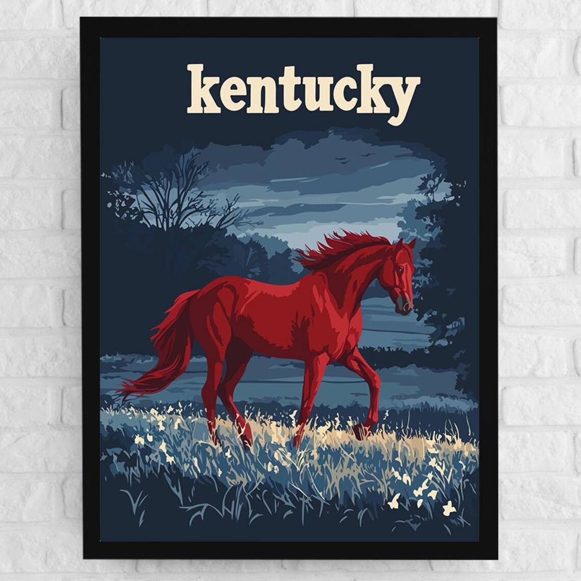 Kentucky Red Horse Moonlit Bluegrass Field Vintage Style Travel Poster