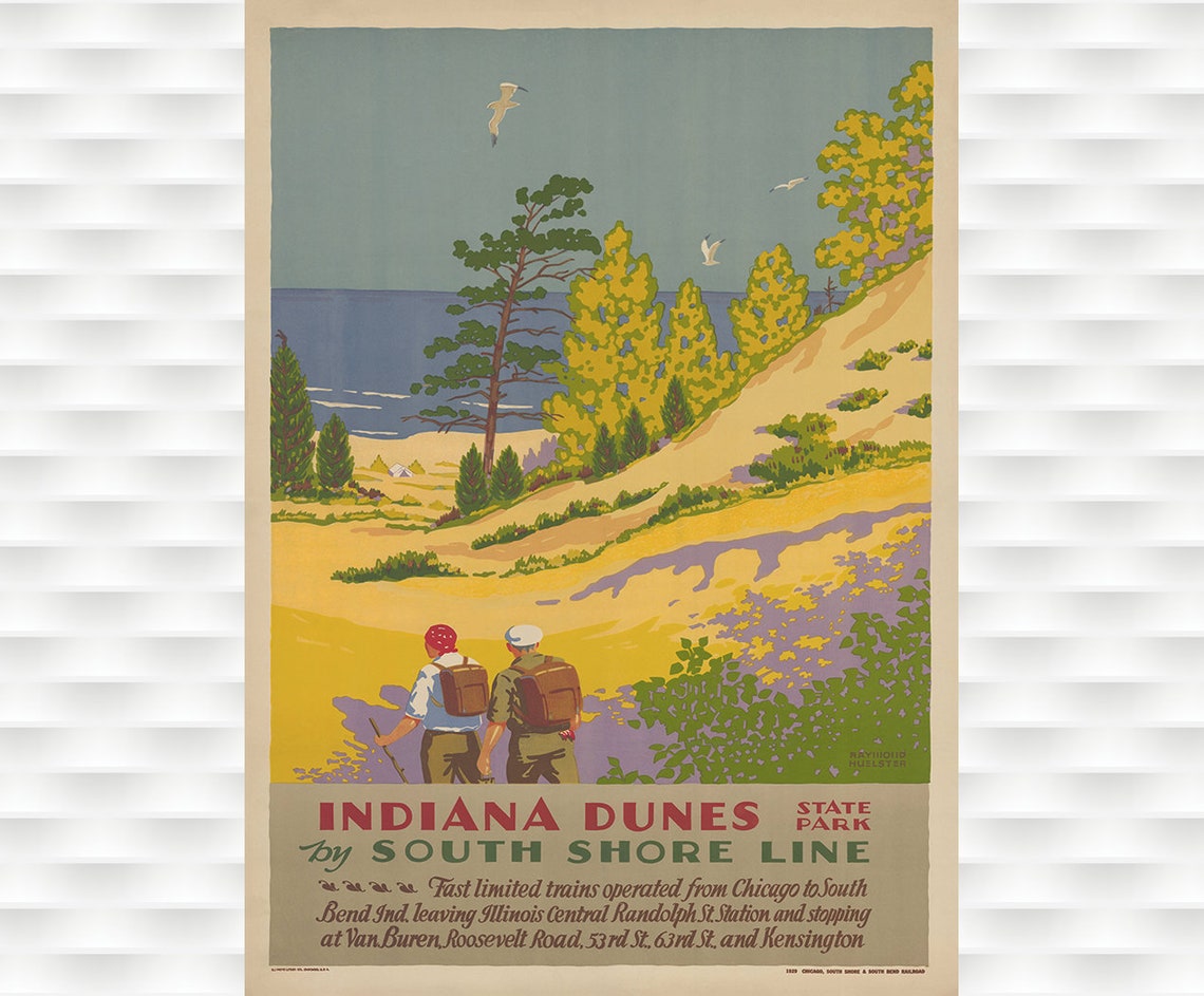 Indiana Dunes State Park Hikers South Shore Railroad Vintage Poster
