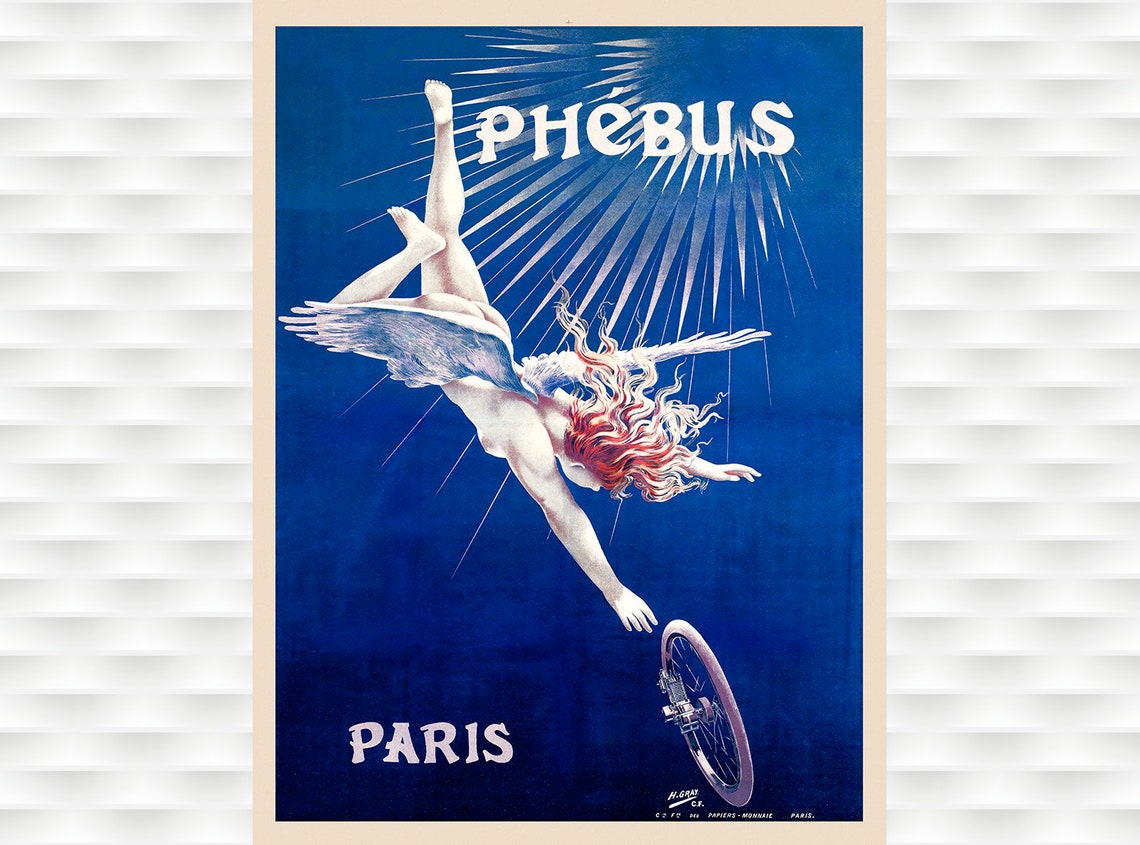 Phebus Paris Winged Figure Bicycle Wheel French Vintage Ad Poster
