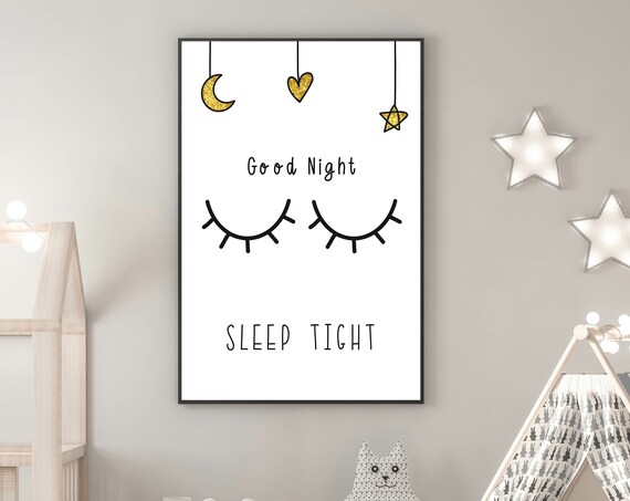 Good Night Sleep Tight Eyelashes Moon Nursery Kids Room Poster
