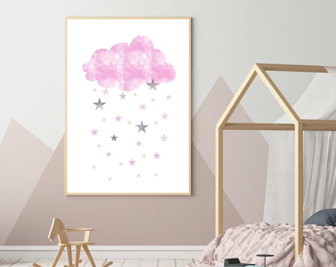 Pink Watercolor Cloud With Star Rain Sweet Nursery Art Poster