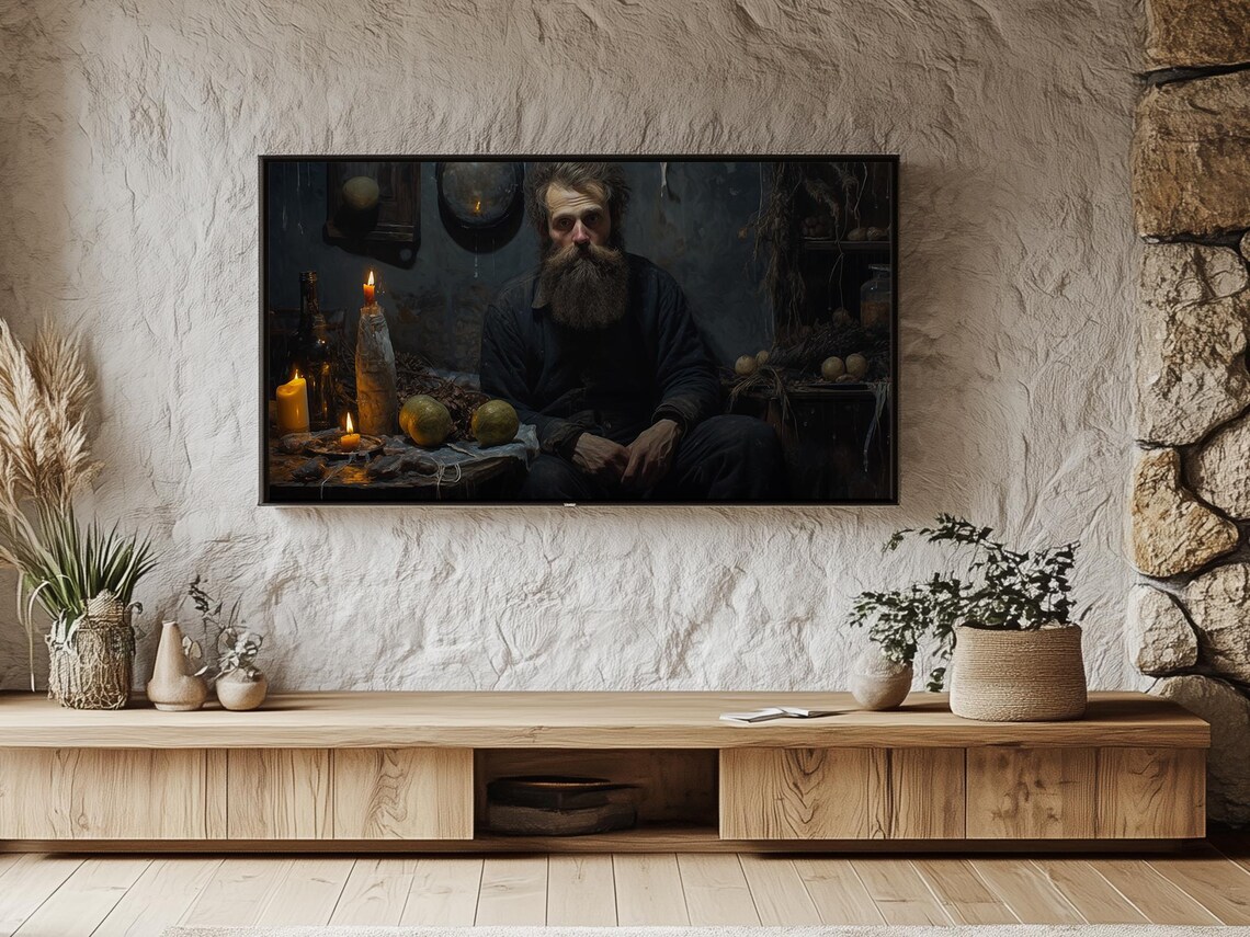 Bearded Man By Candlelight In Dark Rustic Room Moody Oil Painting Poster - Image 3