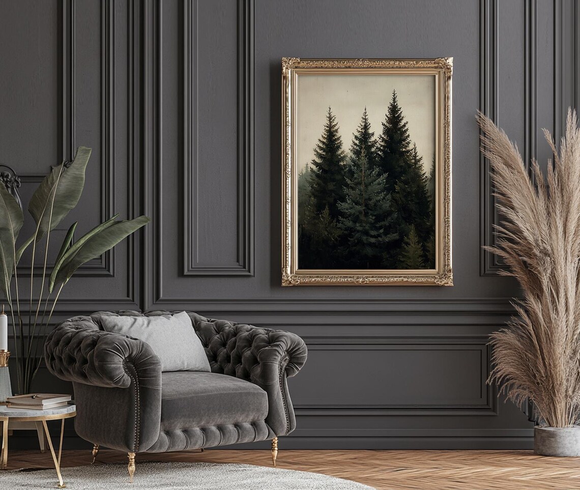 Dark Evergreen Pine Forest Moody Vintage Woodland Painting Poster - Image 5