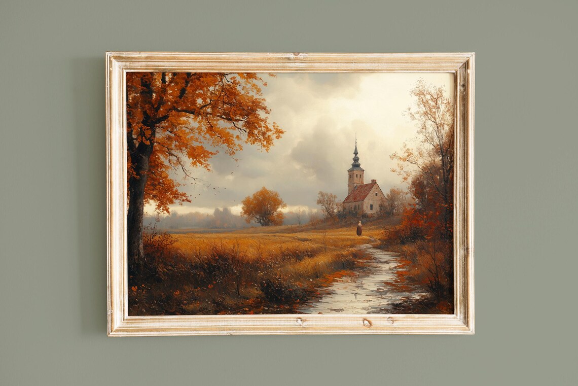Autumn Country Lane With Church Steeple And Lone Figure Vintage Poster