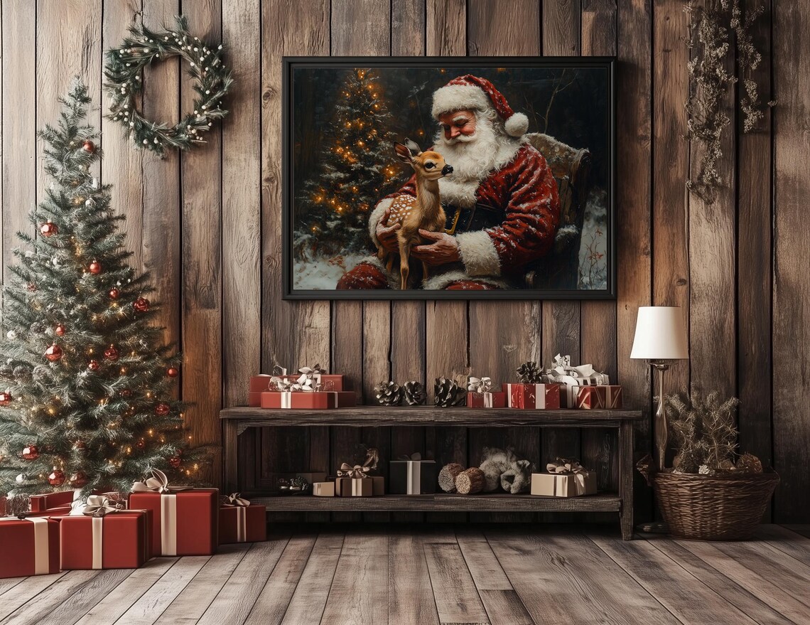Santa Claus Holding Baby Deer Christmas Night Scene Painting Poster - Image 5