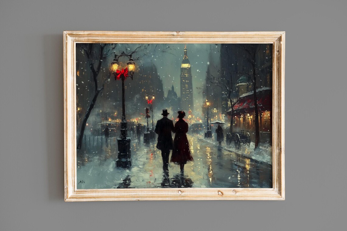 Romantic Snowy New York Street at Night Holiday Cityscape Poster - Image 4